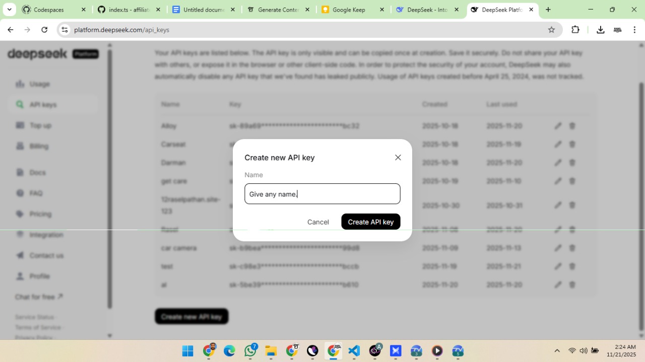 DeepSeek API Key Page